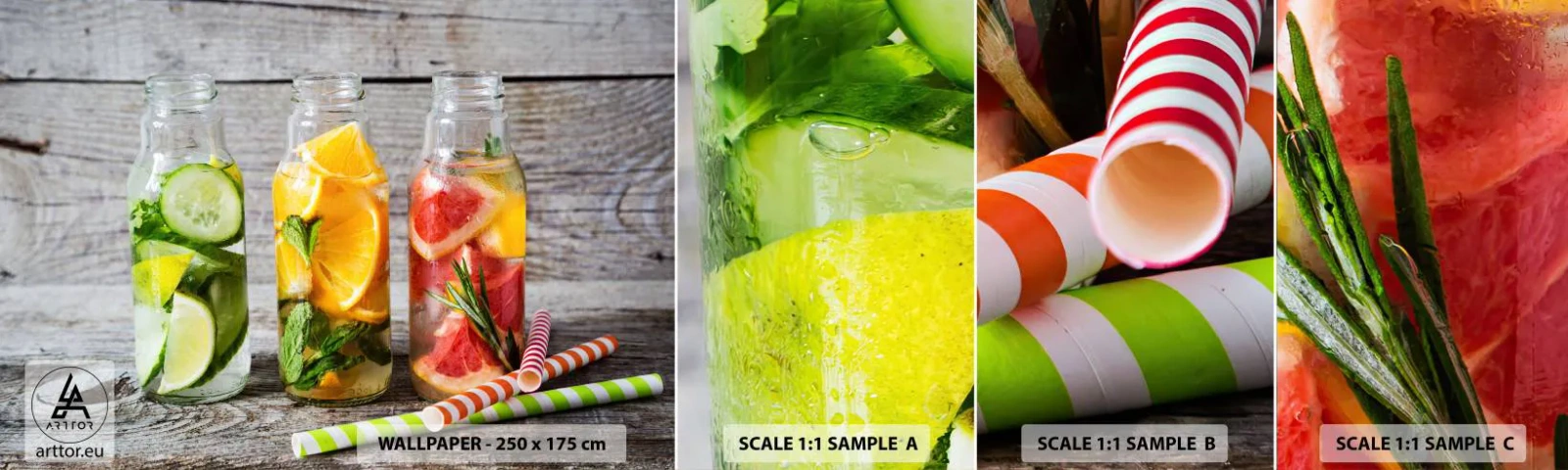 Provbit av självhäftande fototapet Deluxe Sticker - Hälsa ur naturen - Gastronomi, Fruktig dryck, Frukt - 100x30 cm