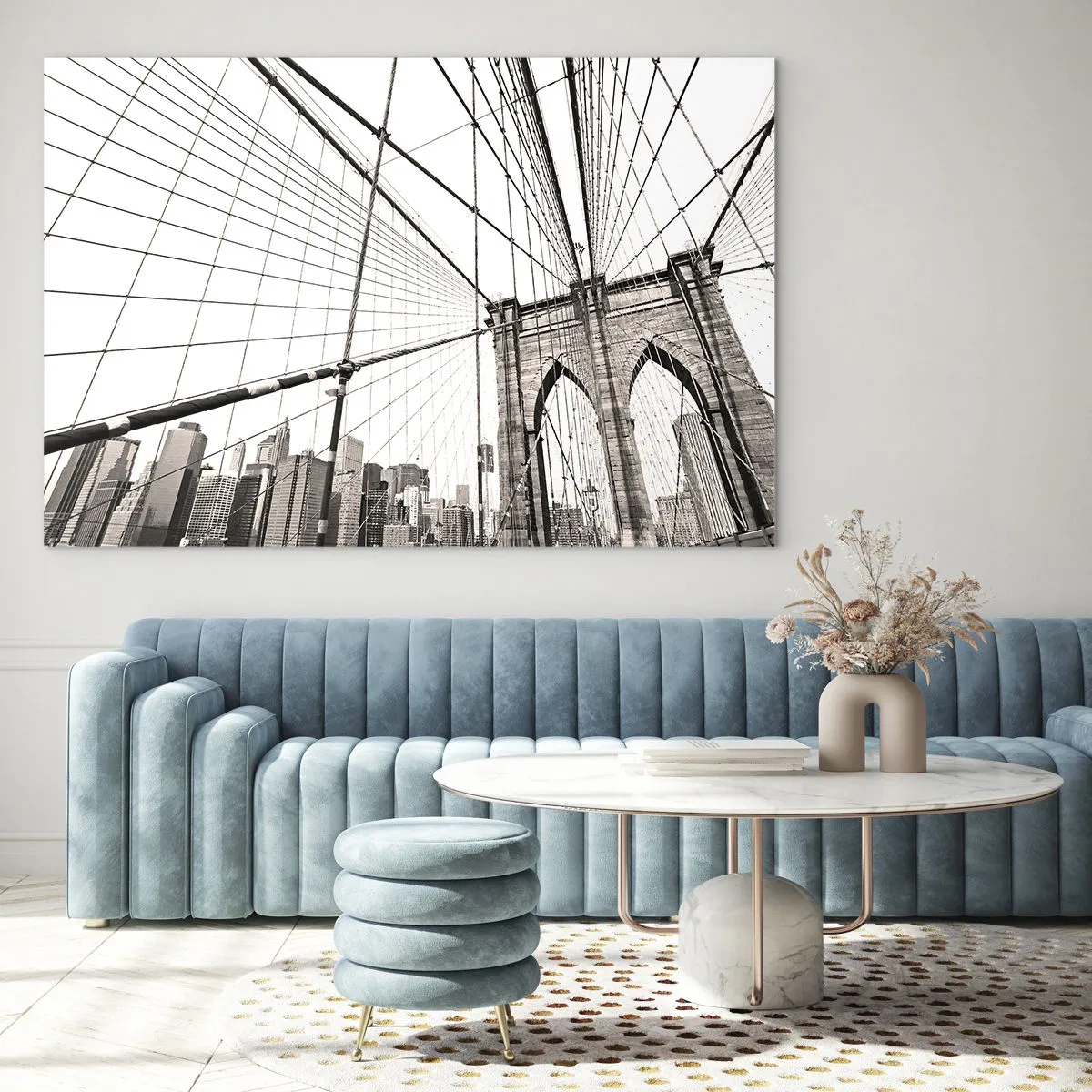 Glastavla - Bild på glas - En hängbro med ett stadspanorama i bakgrunden i sepia - 70x50cm - Domkyrkan i New York - Modern väggdekoration för vardagsrum och sovrum ARTTOR