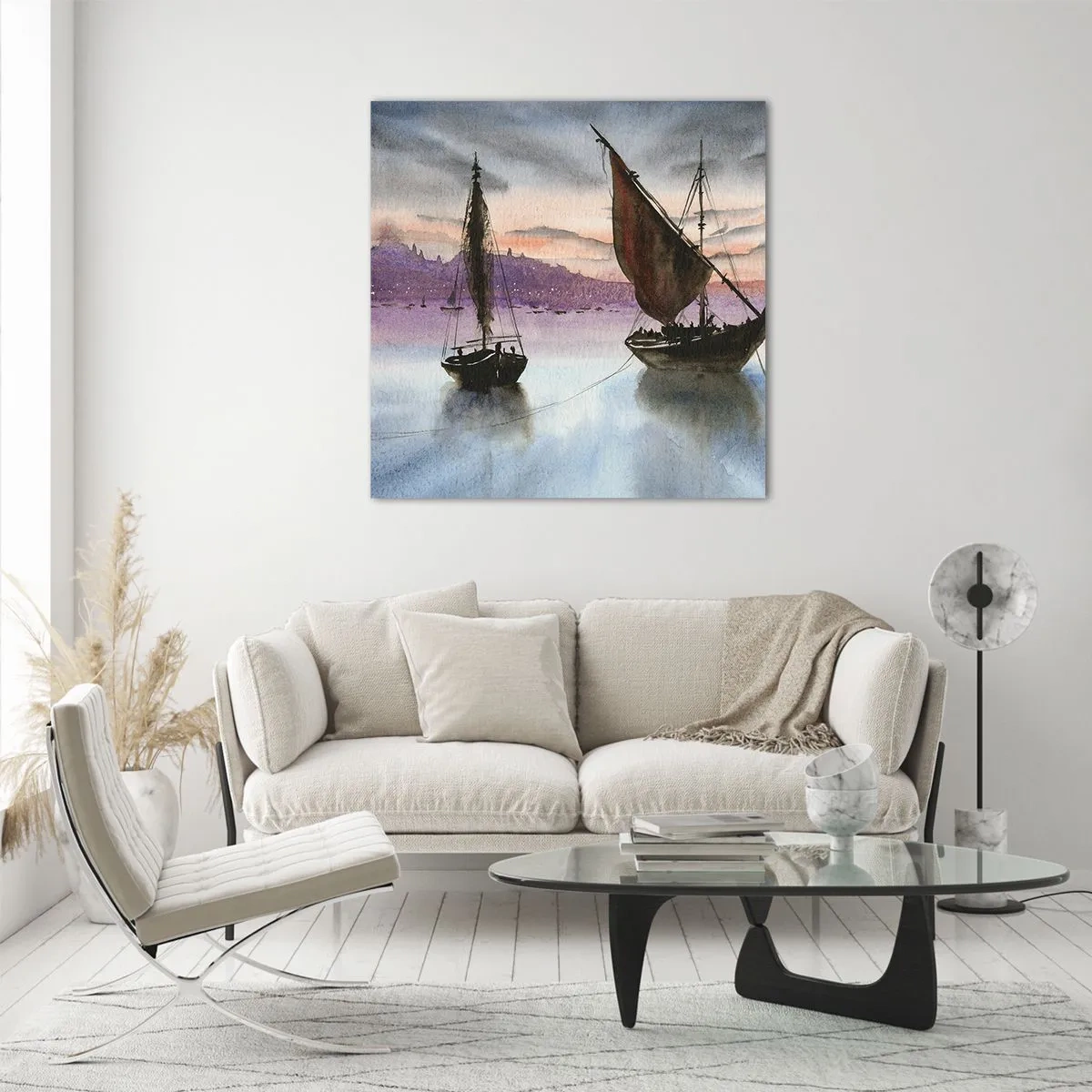 Glastavla - Bild på glas - Kväll i hamnen - 50x50 cm