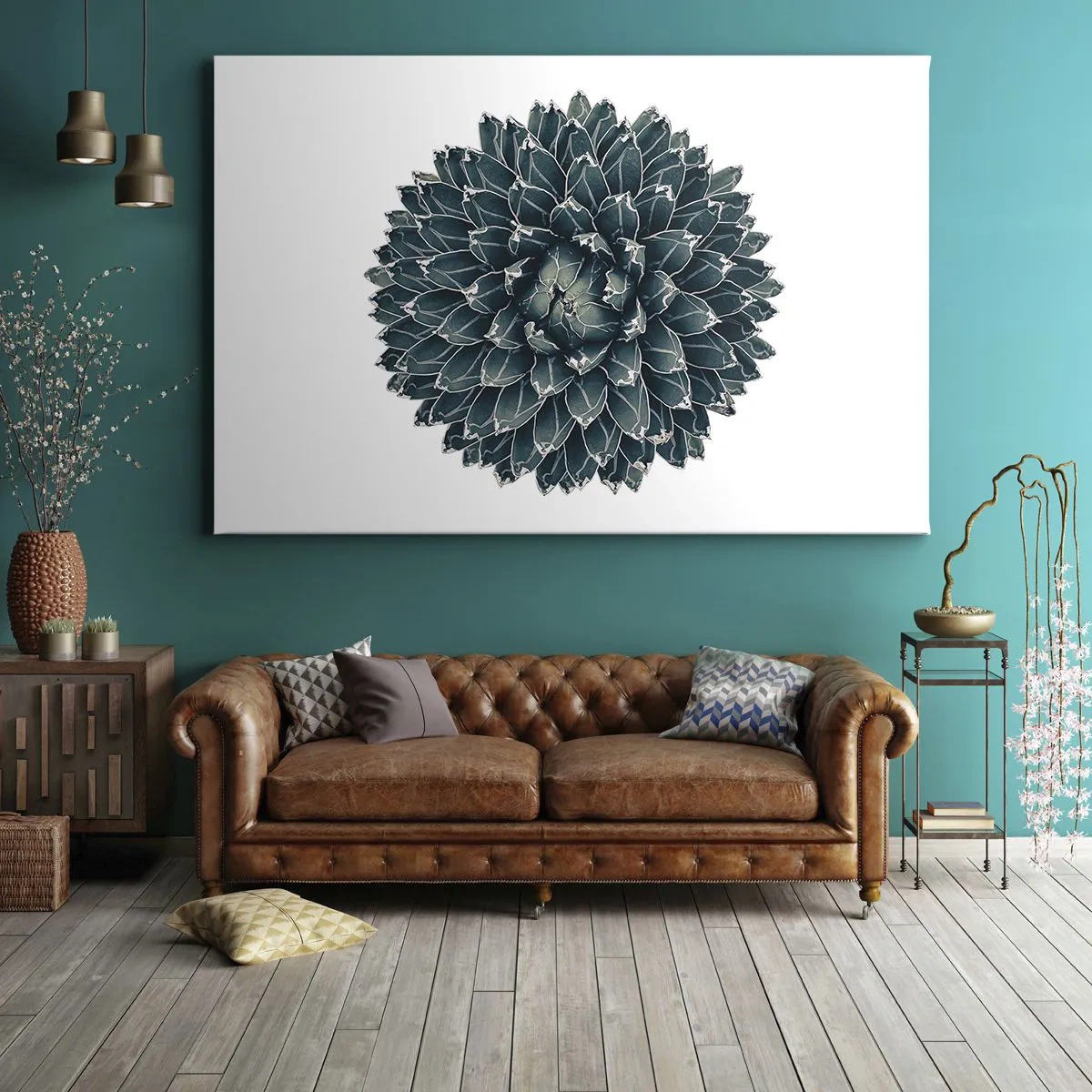 Canvastavla - Bild på duk - Symmetrisk suckulentväxt på vit bakgrund - 70x50cm - Öknens stjärna - Modern väggdekoration för vardagsrum och sovrum ARTTOR