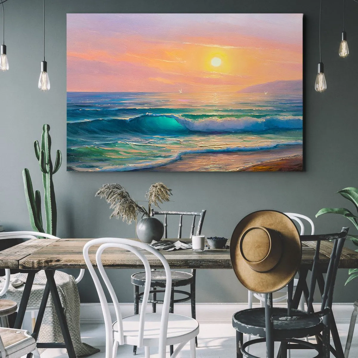 Canvastavla - Bild på duk - Havslandskap med solnedgång - 70x50cm - Vågvisa i turkos - Modern väggdekoration för vardagsrum och sovrum ARTTOR