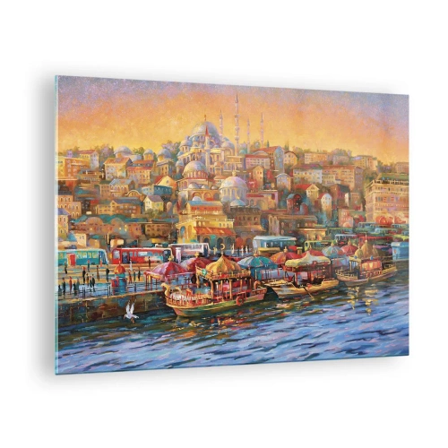 Glastavla - Bild på glas - En färgglad hamn med båtar och ett stadspanorama vid solnedgången - 70x50cm - Istanbul-berättelse - Modern väggdekoration för vardagsrum och sovrum ARTTOR