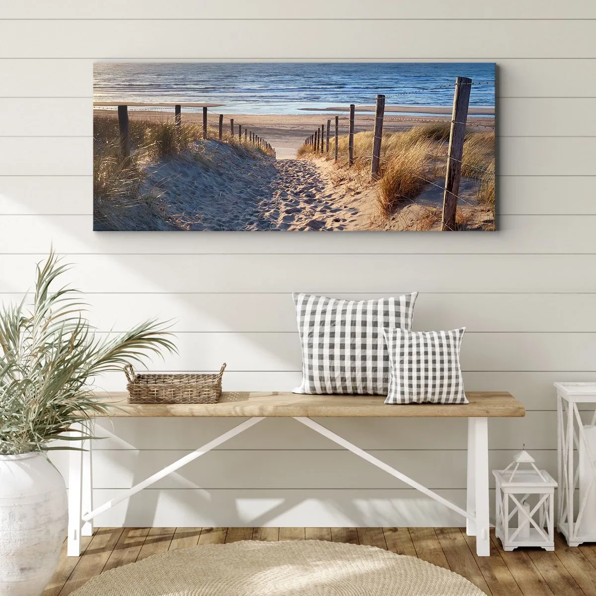 Canvastavla - Bild på duk - Havets brus, fågelsång, tom strand bland träden - 90x30 cm
