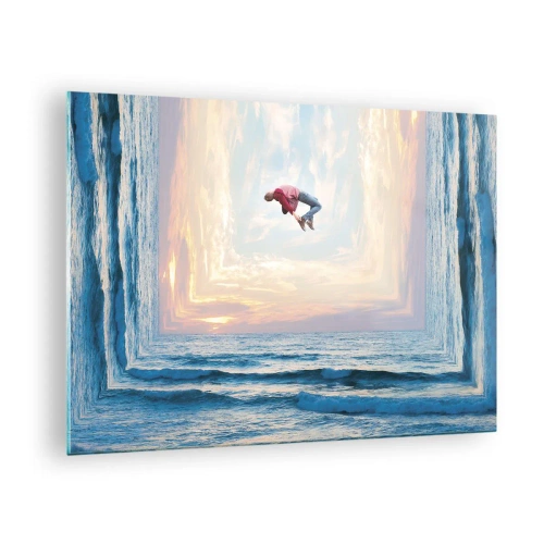 Glastavla - Bild på glas - En man som hoppar över havet i en surrealistisk ram - 70x50cm - Till en annan dimension - Modern väggdekoration för vardagsrum och sovrum ARTTOR