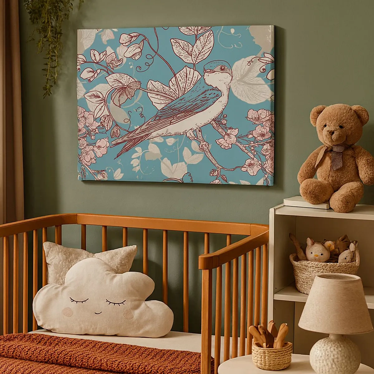 Canvastavla - Bild på duk - En fågel på en gren i en delikat blommig stil - 70x50cm - Japansk svala - Modern väggdekoration för vardagsrum och sovrum ARTTOR