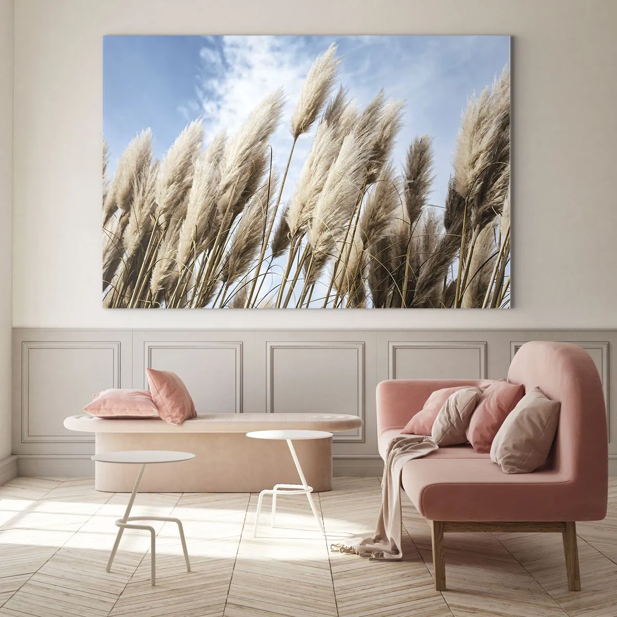 Glastavla - Bild på glas - Dekorativa pampasgräs mot en blå himmel - 70x50cm - Solig och blåsig smekning - Modern väggdekoration för vardagsrum och sovrum ARTTOR
