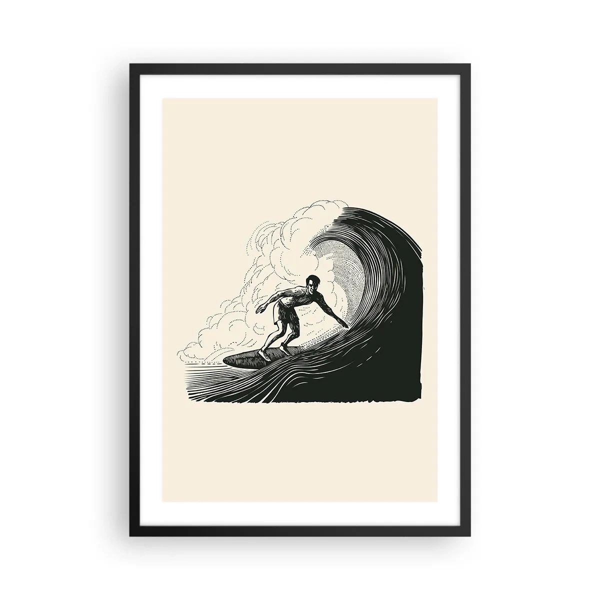 Affisch i svart ram - Retro surfare på våggrafik, svart och krämfärgad komposition - 50x70cm - Vågens kung - Modern väggdekoration för vardagsrum och sovrum ARTTOR