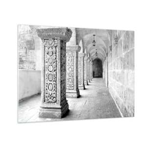 Glastavla - Bild på glas - Historisk klostergång med snidade kolonner - 70x50cm - Och vart tar det vägen? - Modern väggdekoration för vardagsrum och sovrum ARTTOR