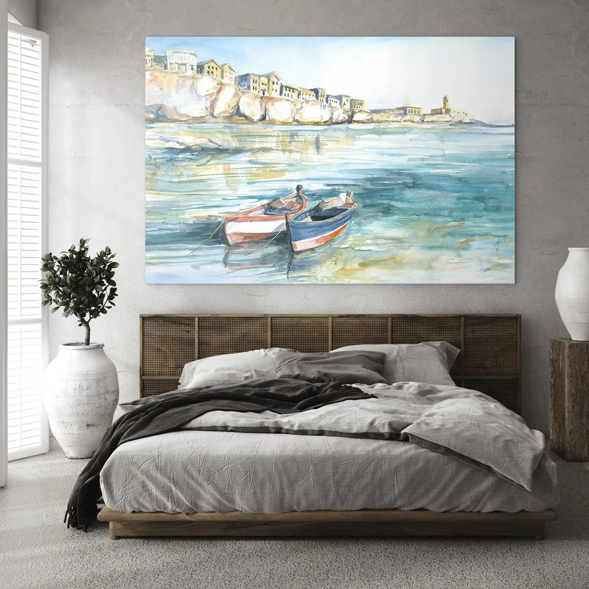 Glastavla - Bild på glas - En akvamarinblå vik med båtar och byggnader på klippan - 70x50cm - Landskap i azurblått - Modern väggdekoration för vardagsrum och sovrum ARTTOR