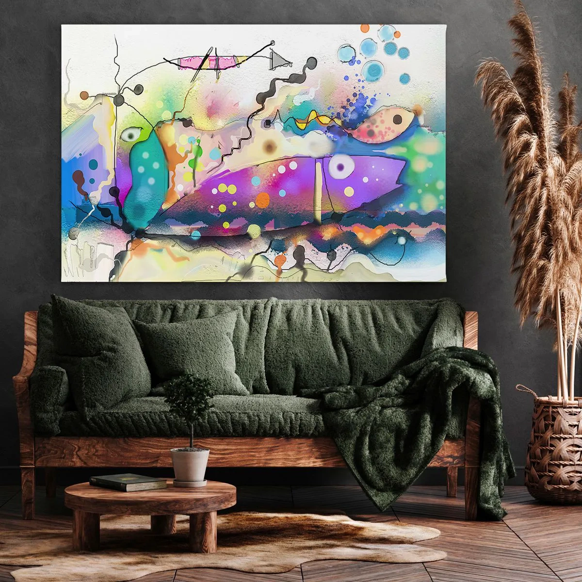 Canvastavla - Bild på duk - Abstrakt fisk i en färgglad, surrealistisk komposition - 70x50cm - Det saknas ord! - Modern väggdekoration för vardagsrum och sovrum ARTTOR