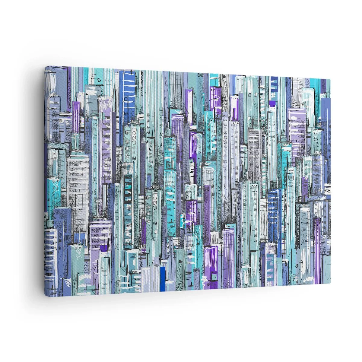 Canvastavla - Bild på duk - Illustration av en stad med geometriska byggnader i nyanser av blått och lila. - 70x50cm - Blått från himlen - Modern väggdekoration för vardagsrum och sovrum ARTTOR