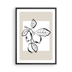 Affisch i svart ram - En minimalistisk illustration av en citronkvist i svartvit stil. - 50x70cm - Där citronen mognar... - Modern väggdekoration för vardagsrum och sovrum ARTTOR