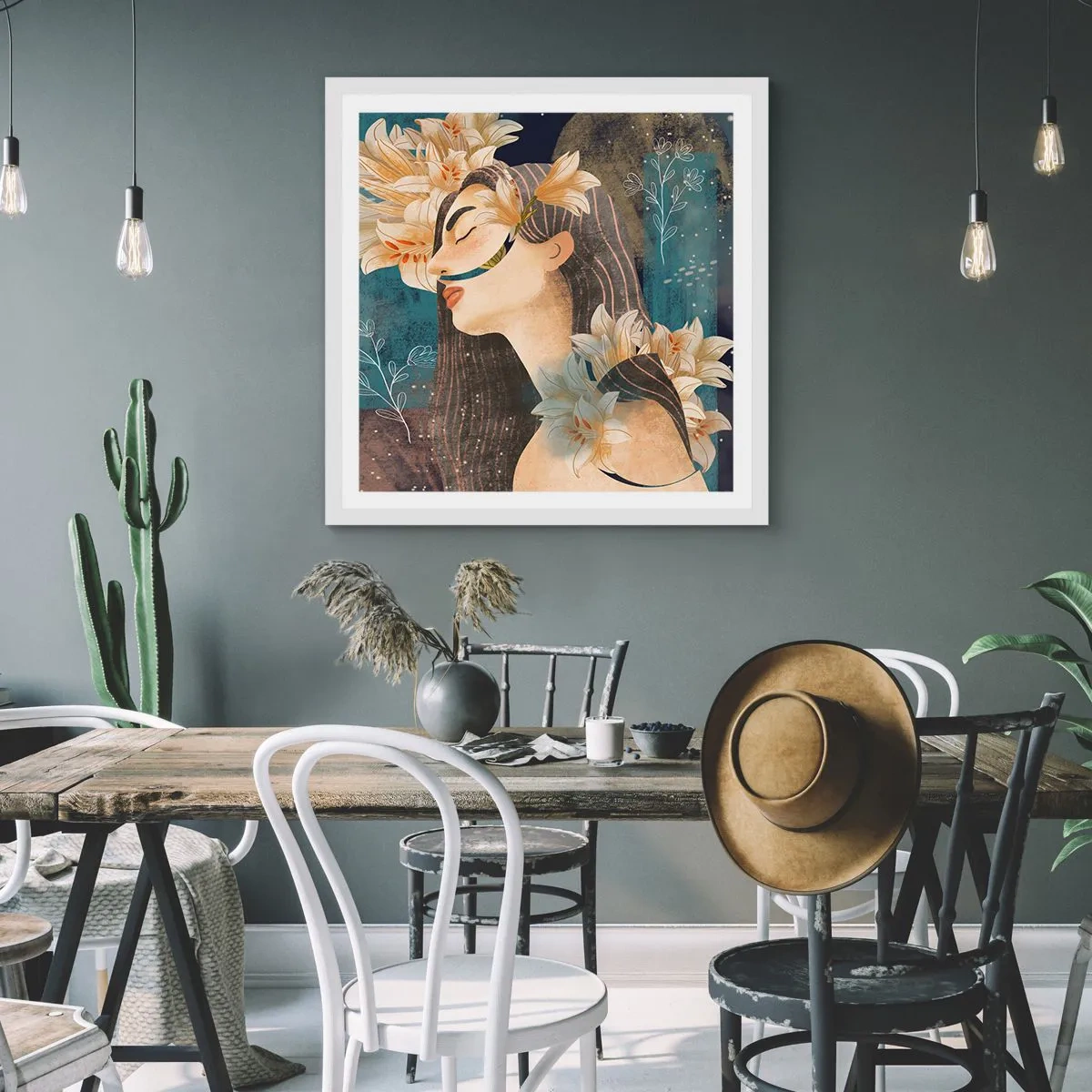 Affisch i vit ram - Sagan om drottning med liljor - 50x50 cm