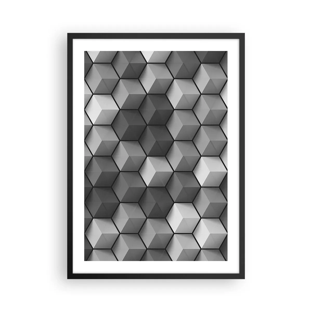 Affisch i svart ram - Svartvit komposition av 3D geometriska kuber - 50x70cm - Kubistiskt pussel - Modern väggdekoration för vardagsrum och sovrum ARTTOR