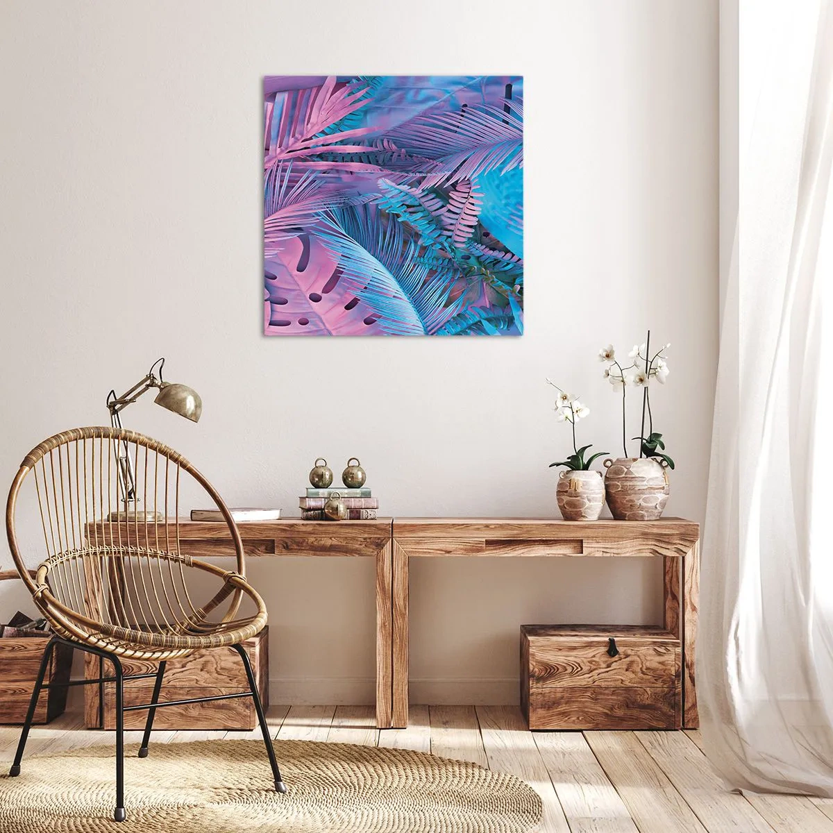 Canvastavla - Bild på duk - Tropiken i rosa och blått - 30x30 cm
