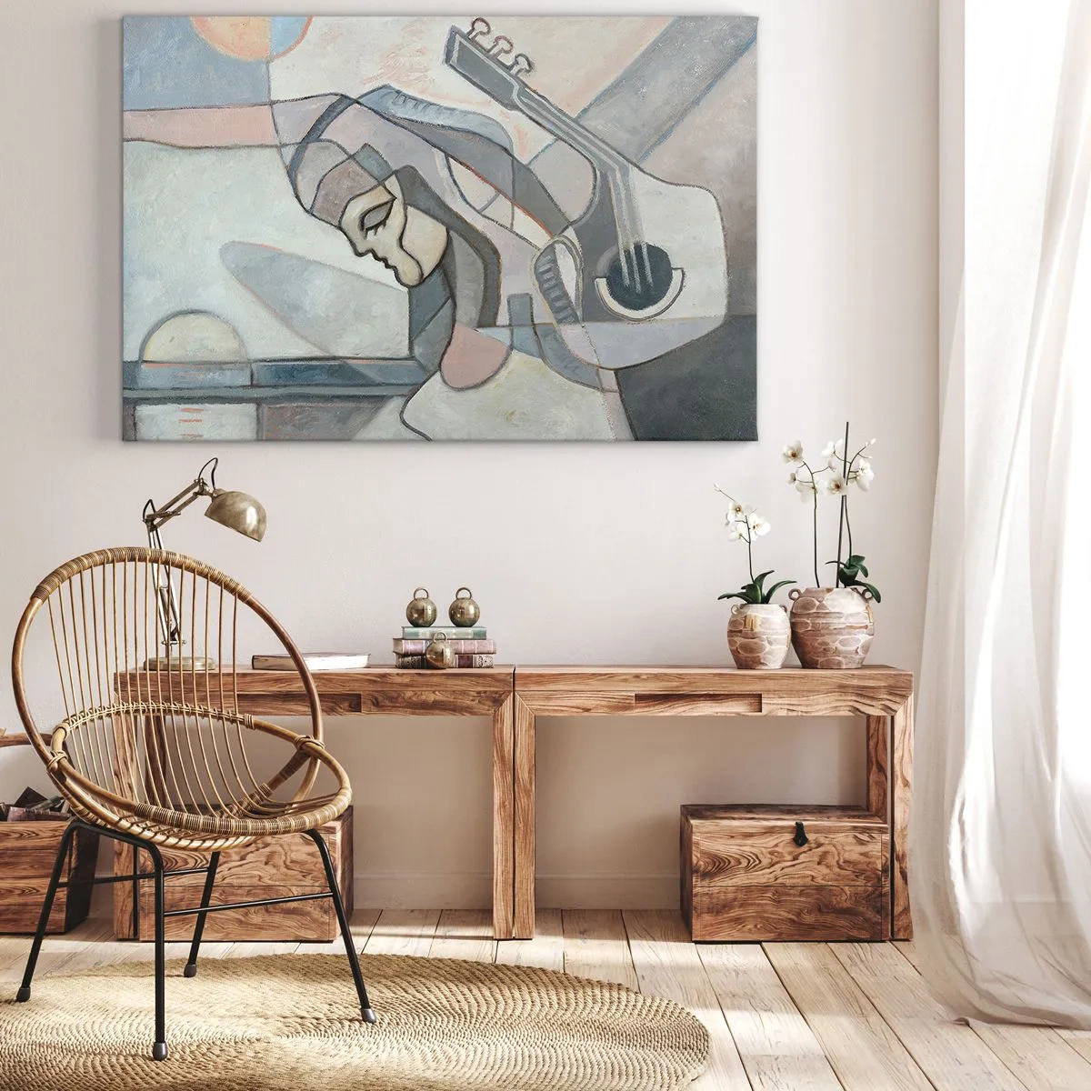 Canvastavla - Bild på duk - En abstrakt figur med en gitarr i pastellfärger. - 70x50cm - I musikens makt - Modern väggdekoration för vardagsrum och sovrum ARTTOR