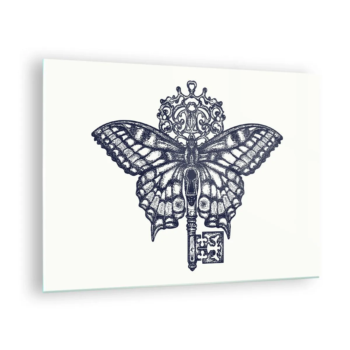 Glastavla - Bild på glas - Illustration av en fjäril med en nyckel i mitten - 70x50cm - Hjärtats alla hemligheter - Modern väggdekoration för vardagsrum och sovrum ARTTOR