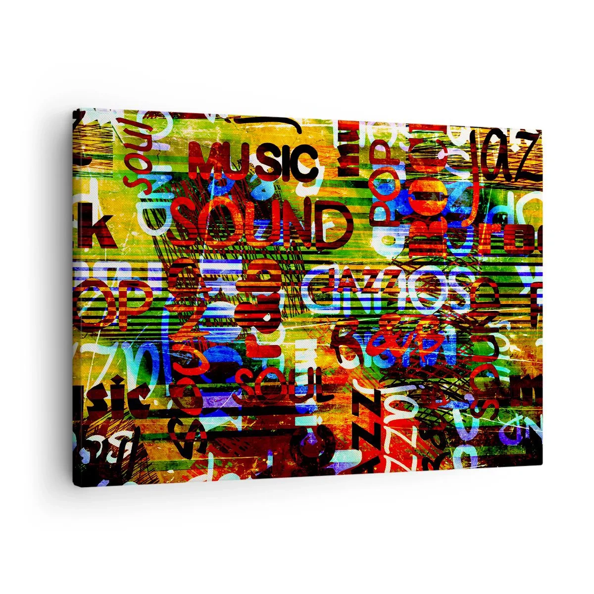 Canvastavla - Bild på duk - Färgglad abstraktion med musikinskriptioner i popkonststil - 70x50cm - Ljudets alla färger - Modern väggdekoration för vardagsrum och sovrum ARTTOR