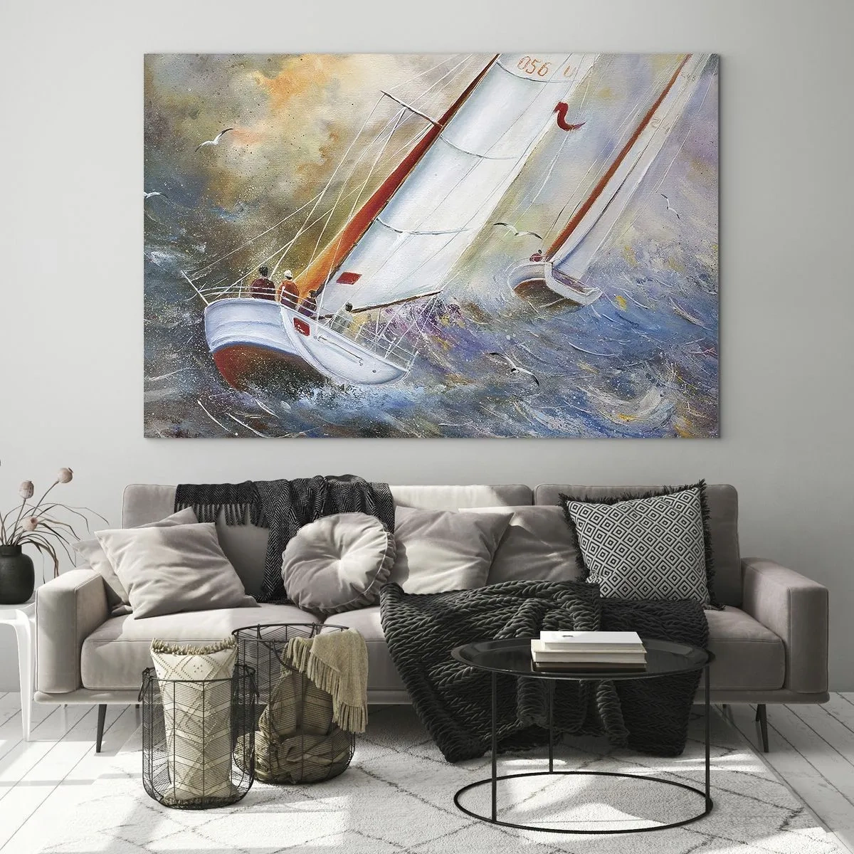 Glastavla - Bild på glas - Segelbåtar i grov sjö under en regatta - 70x50cm - Springande på vågorna - Modern väggdekoration för vardagsrum och sovrum ARTTOR