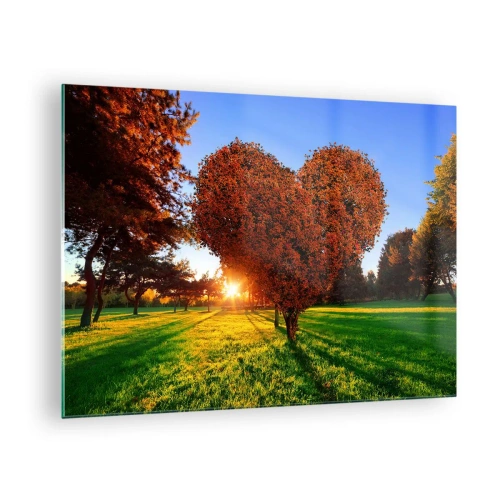 Glastavla - Bild på glas - Ett hjärtformat träd mot bakgrund av den nedgående solen - 70x50cm - Varför vi älskar hösten - Modern väggdekoration för vardagsrum och sovrum ARTTOR