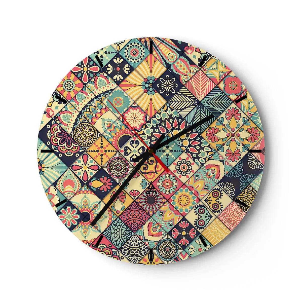 Väggklocka - Klocka på glas - Färgglatt lapptäckemotiv med geometriska mönster - 30x30cm - Marockansk stämning - Modern väggdekoration för vardagsrum, kök och sovrum ARTTOR