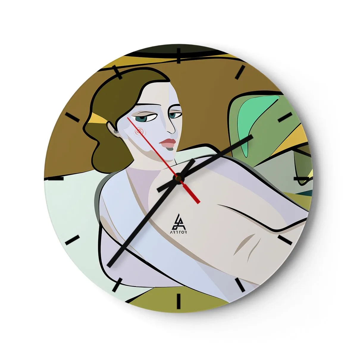 Väggklocka - Klocka på glas - En kvinnofigur i kubistisk stil mot en abstrakt bakgrund - 30x30cm - Intim porträtt - Modern väggdekoration för vardagsrum, kök och sovrum ARTTOR