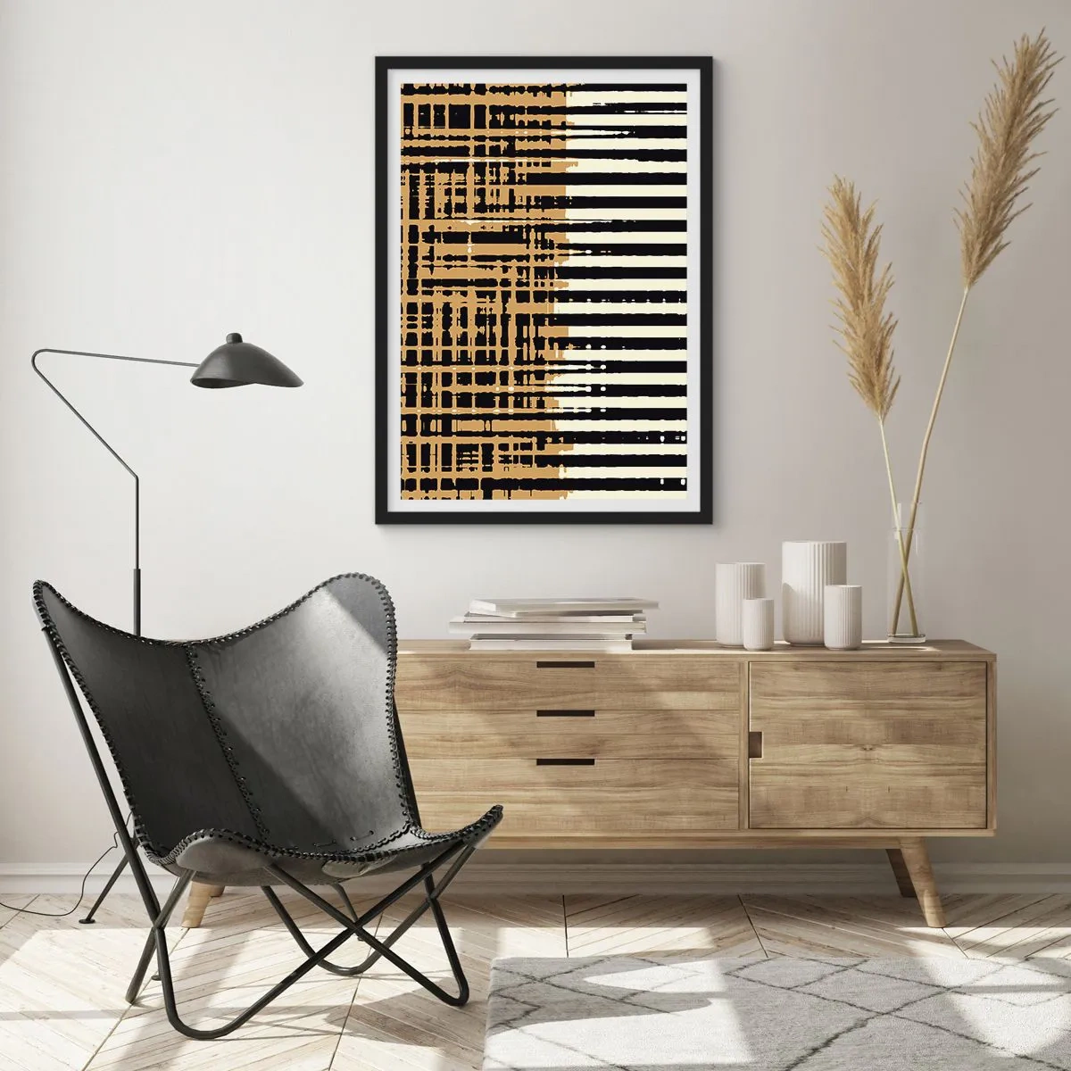 Affisch i svart ram - Geometriskt mönster med linjer och varma färger - 50x70cm - Arkitektonisk abstraktion - Modern väggdekoration för vardagsrum och sovrum ARTTOR