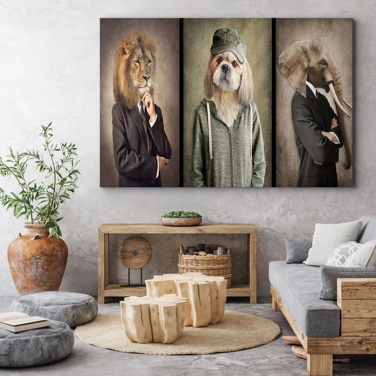 Canvastavla - Bild på duk - Stiliserade porträtt av ett lejon, en hund och en elefant i eleganta kläder - 70x50cm - Jag föredrar avslappnad stil - Modern väggdekoration för vardagsrum och sovrum ARTTOR