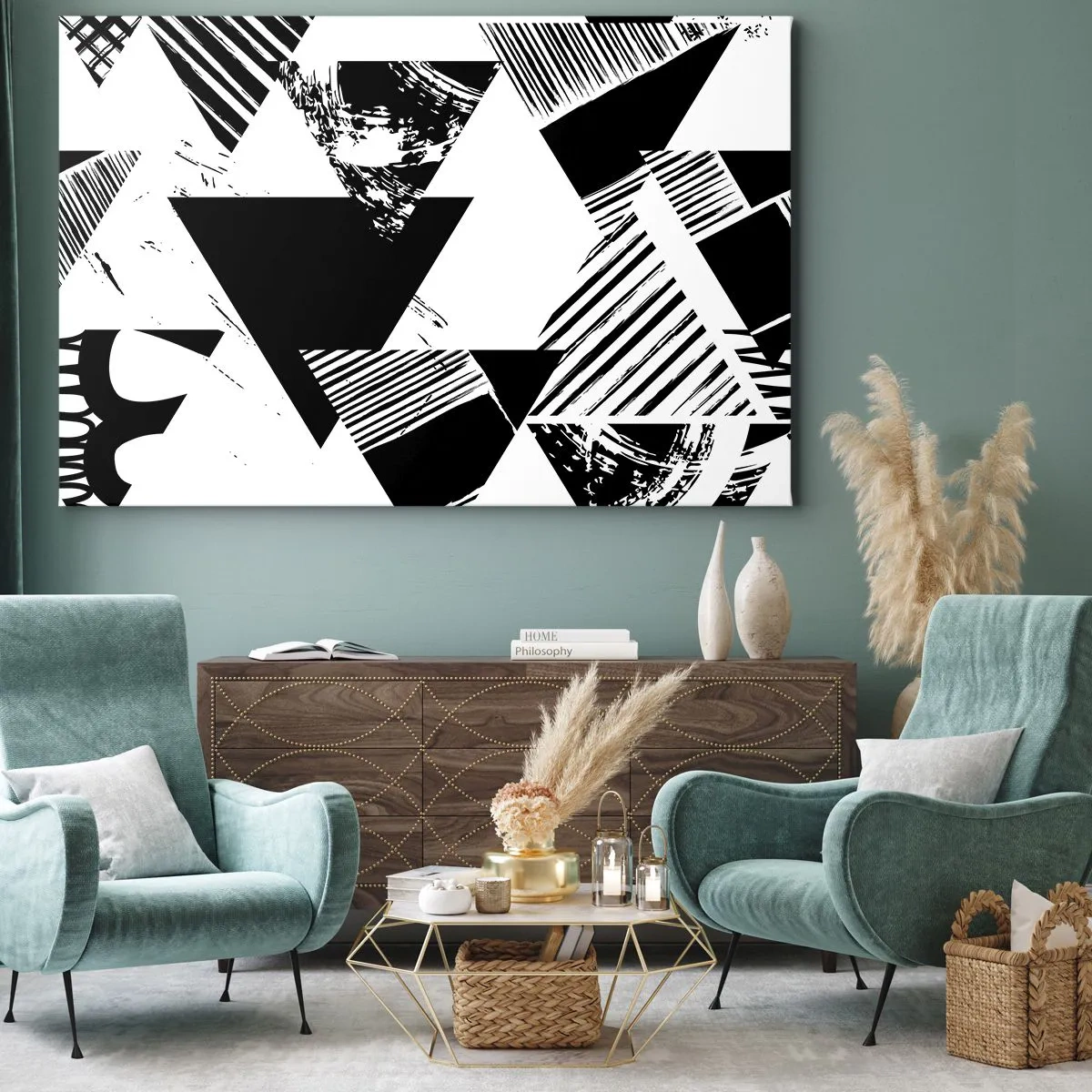 Canvastavla - Bild på duk - Geometriska mönster i svartvit minimalistisk form - 70x50cm - Det regnar trianglar - Modern väggdekoration för vardagsrum och sovrum ARTTOR