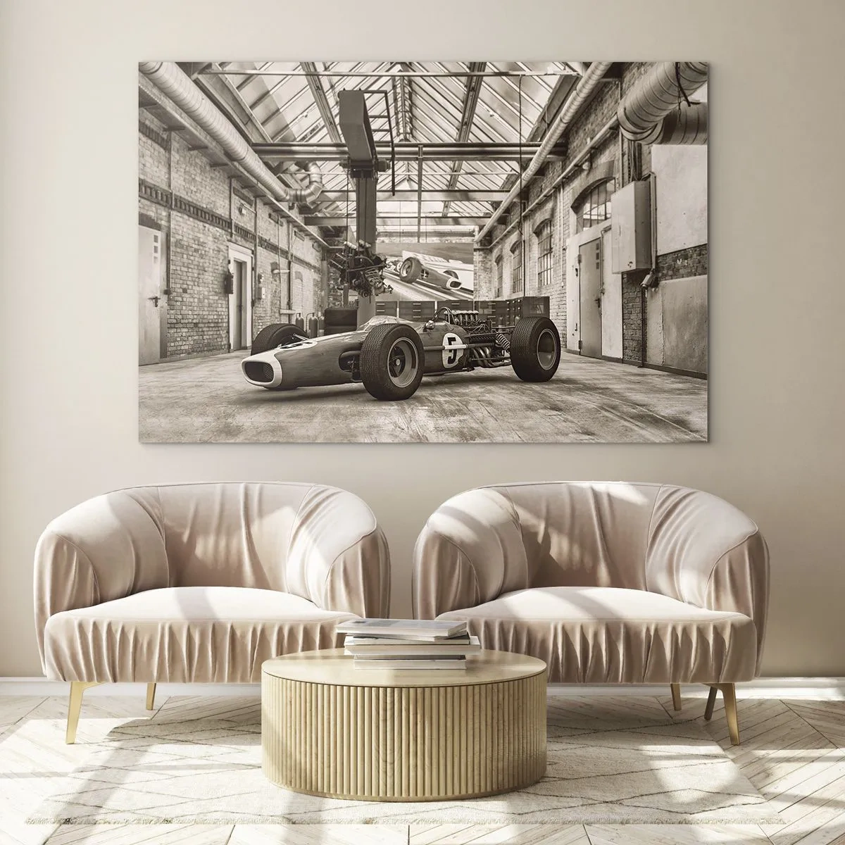 Glastavla - Bild på glas - En veteranbil i en industrihall - 70x50cm - Segrarens vila - Modern väggdekoration för vardagsrum och sovrum ARTTOR