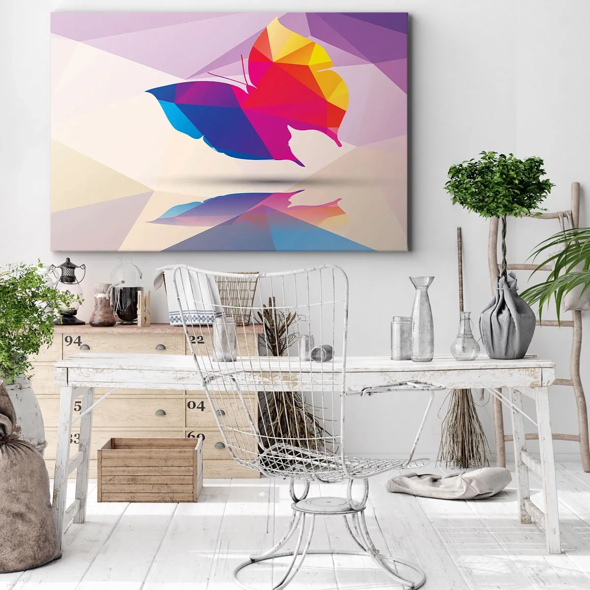 Canvastavla - Bild på duk - Geometrisk fjärilssilhuett i livfulla färger - 70x50cm - Fjärilregnbåge - Modern väggdekoration för vardagsrum och sovrum ARTTOR