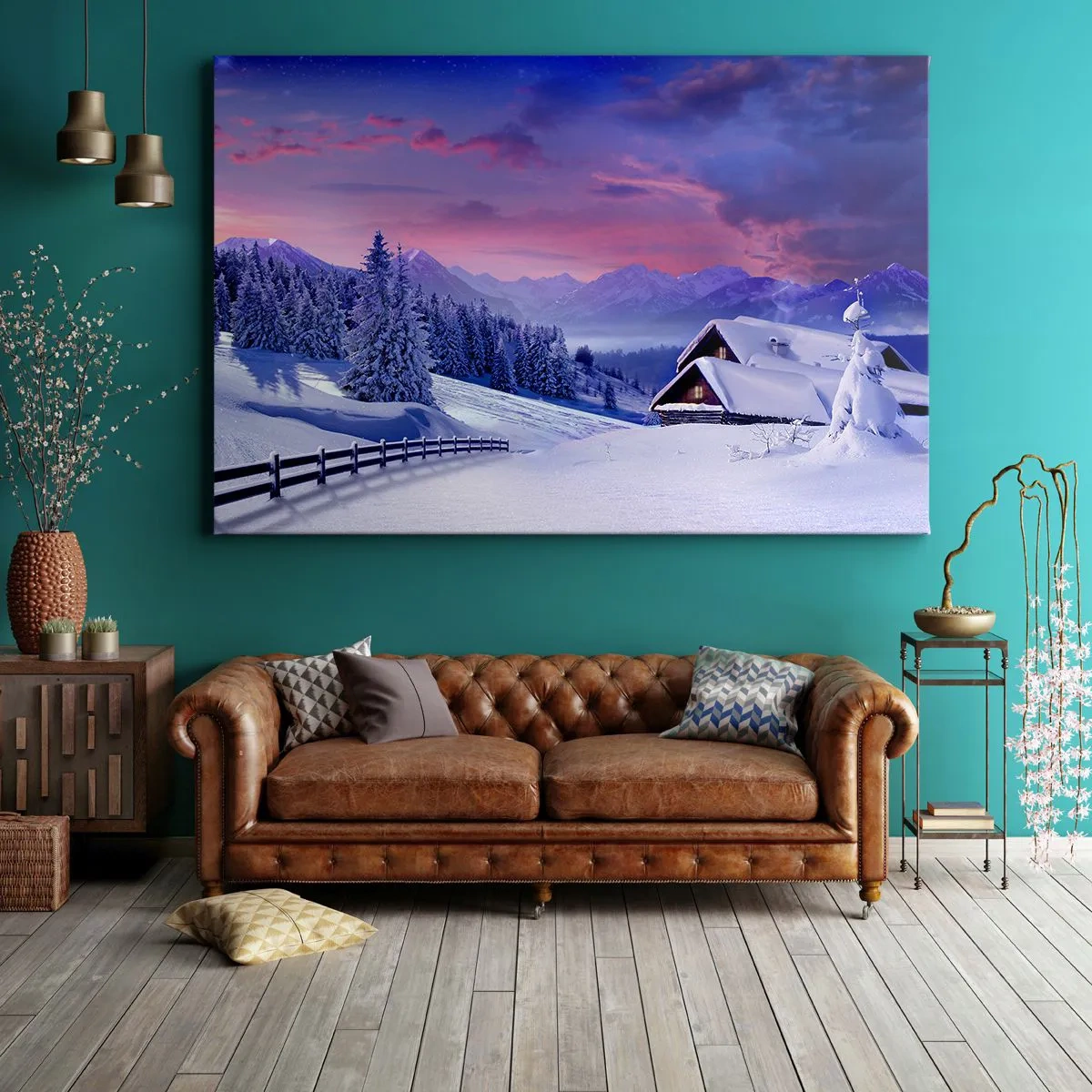 Canvastavla - Bild på duk - Vinterlandskap med bergsstugor vid solnedgången - 70x50cm - Silla natt - Modern väggdekoration för vardagsrum och sovrum ARTTOR