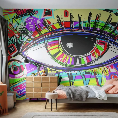Fototapet Standard Eco - Färgglatt abstrakt graffitiöga - 100x70cm - Färgglatt öga - färgglad själ - Modern väggdekoration för vardagsrum och sovrum ARTTOR
