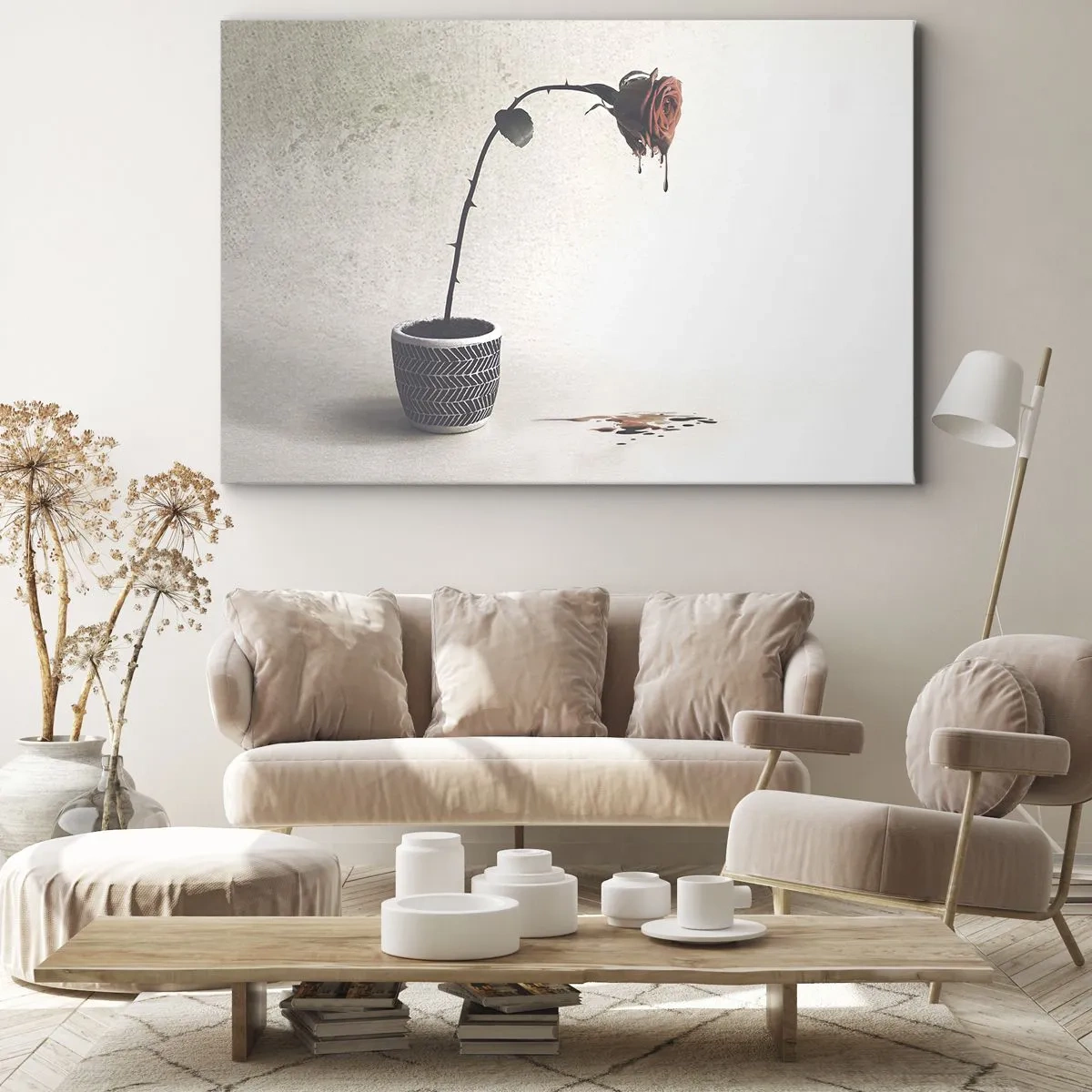 Canvastavla - Bild på duk - En röd ros i en kruka med droppar färgämne på en vit bakgrund - 70x50cm - Rosa dolorosa - Modern väggdekoration för vardagsrum och sovrum ARTTOR