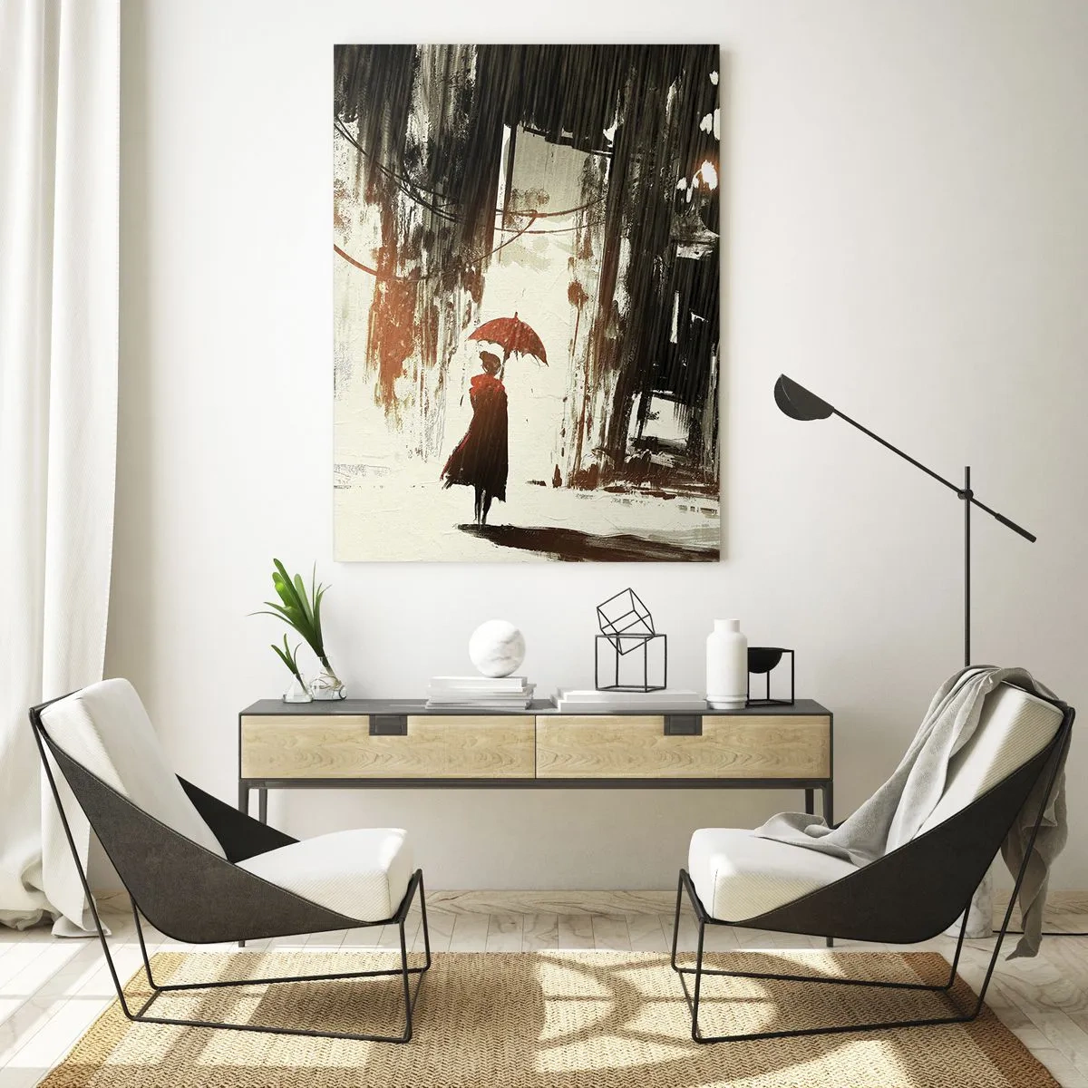 Glastavla - Bild på glas - Röda paraplyets poesi - 70x100 cm