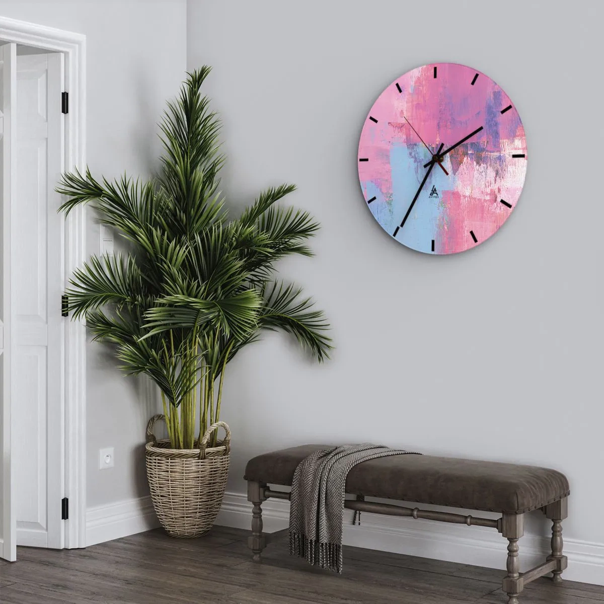 Väggklocka - Klocka på glas - Rosa, blått och en gnutta ljus - 40x40 cm