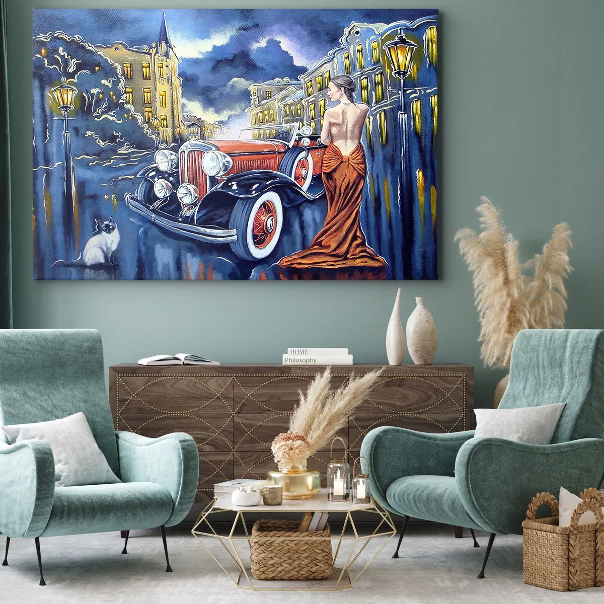 Canvastavla - Bild på duk - En kvinna i en elegant klänning vid en retrobil på natten - 70x50cm - Nocturne i blått och korall - Modern väggdekoration för vardagsrum och sovrum ARTTOR