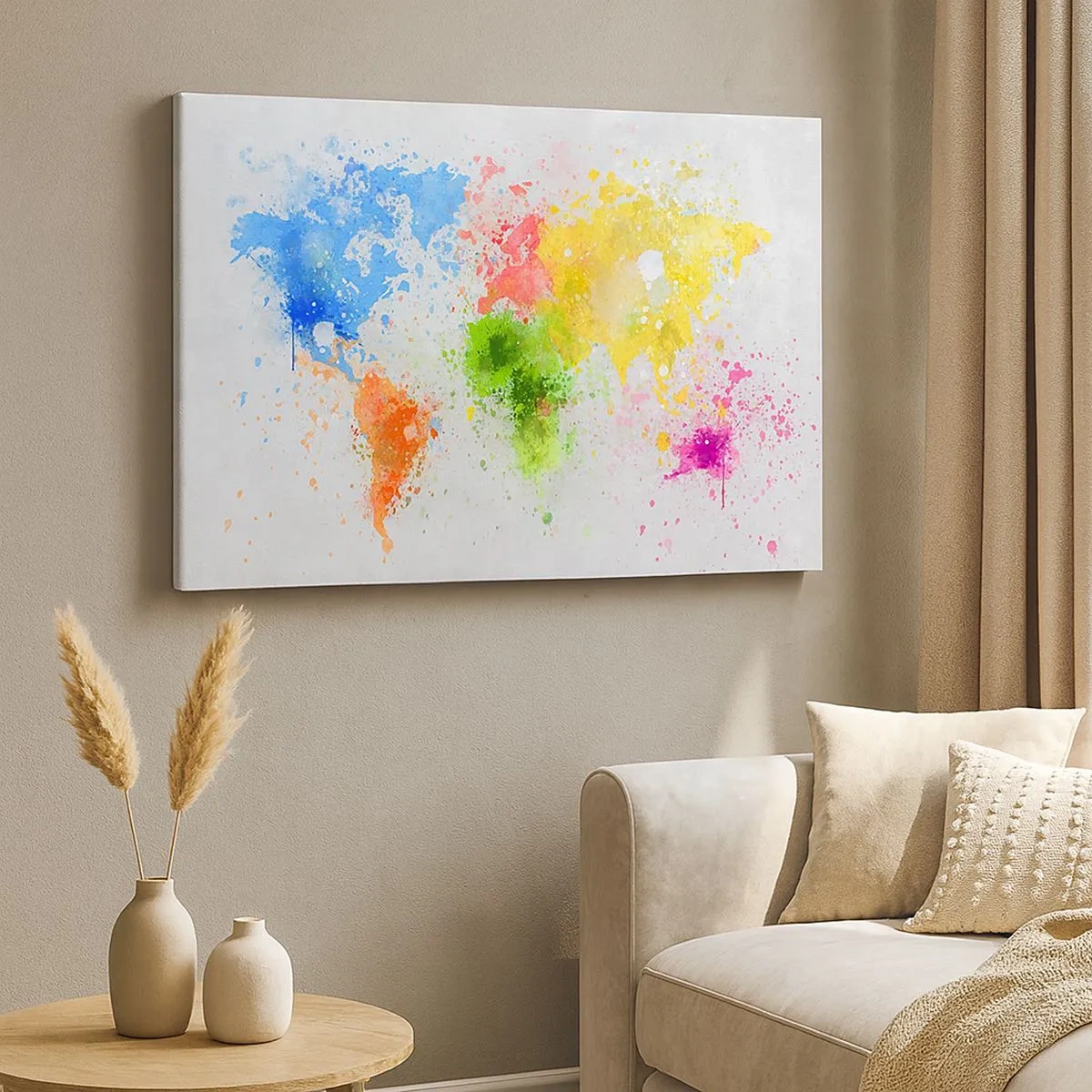 Canvastavla - Bild på duk - En världskarta i en färgglad akvarelltolkning - 70x50cm - Världens alla färger - Modern väggdekoration för vardagsrum och sovrum ARTTOR