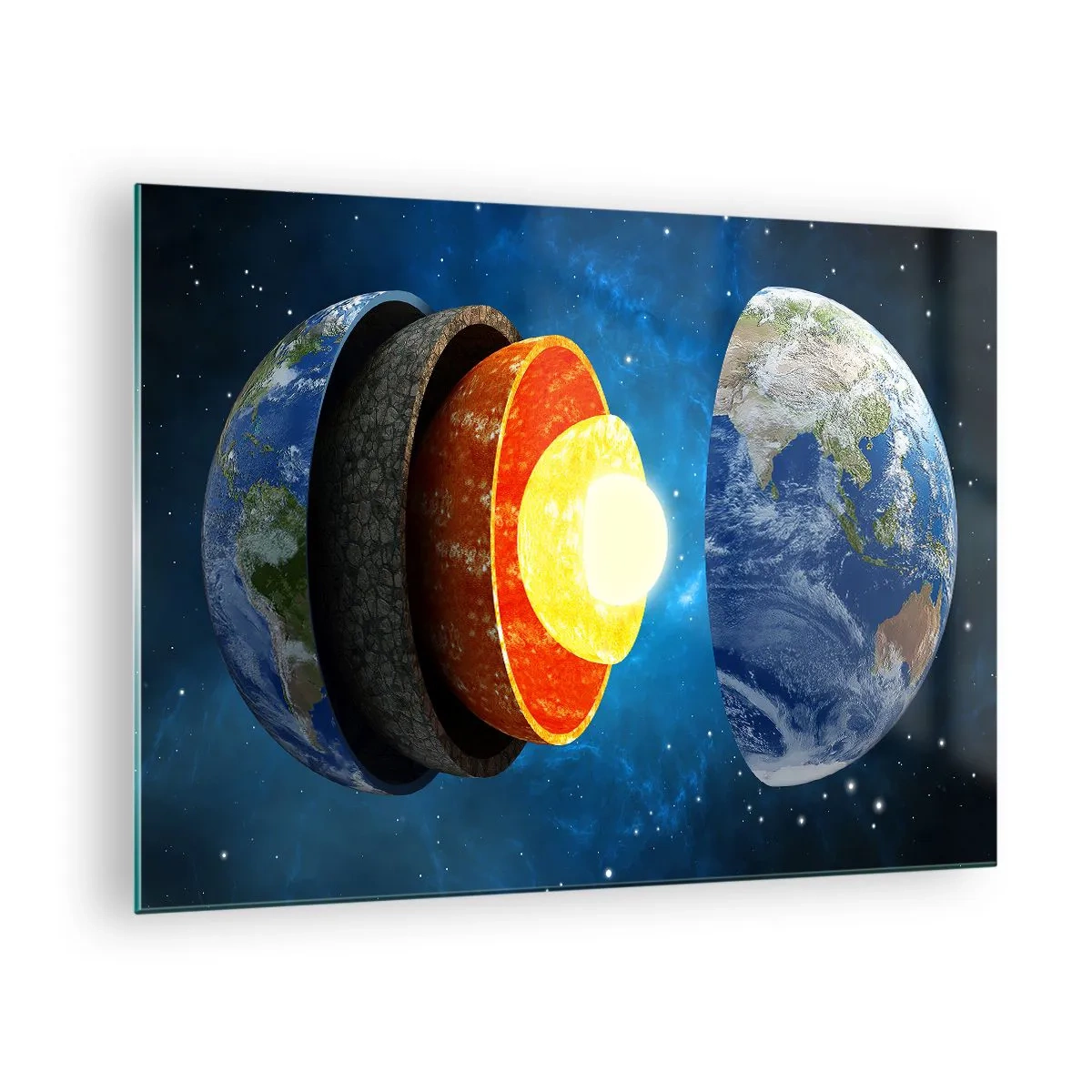 Glastavla - Bild på glas - Ett tvärsnitt av jorden som visar dess lager mot bakgrund av rymden. - 70x50cm - Resa till jordens inre - Modern väggdekoration för vardagsrum och sovrum ARTTOR