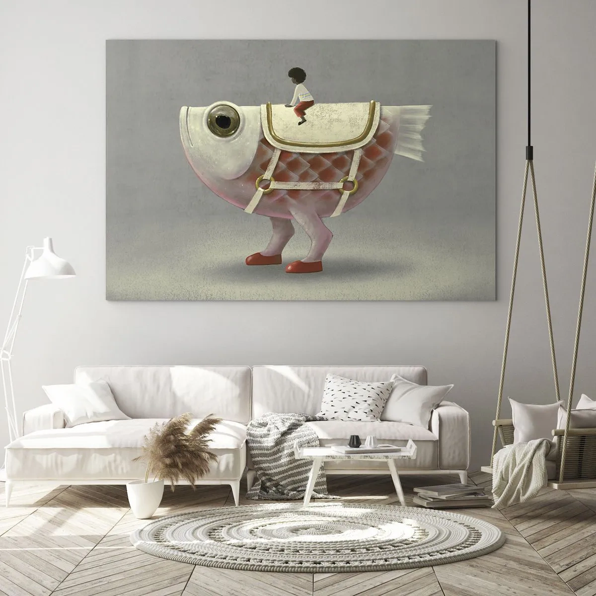 Glastavla - Bild på glas - En figur som rider på en rosa fisk med ben och en sadel - 70x50cm - Fiskryttare - Modern väggdekoration för vardagsrum och sovrum ARTTOR