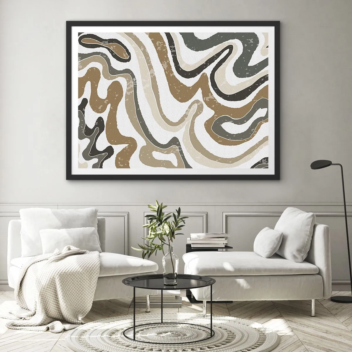 Affisch i svart ram - Meandrar av jordnära färger - 70x50 cm