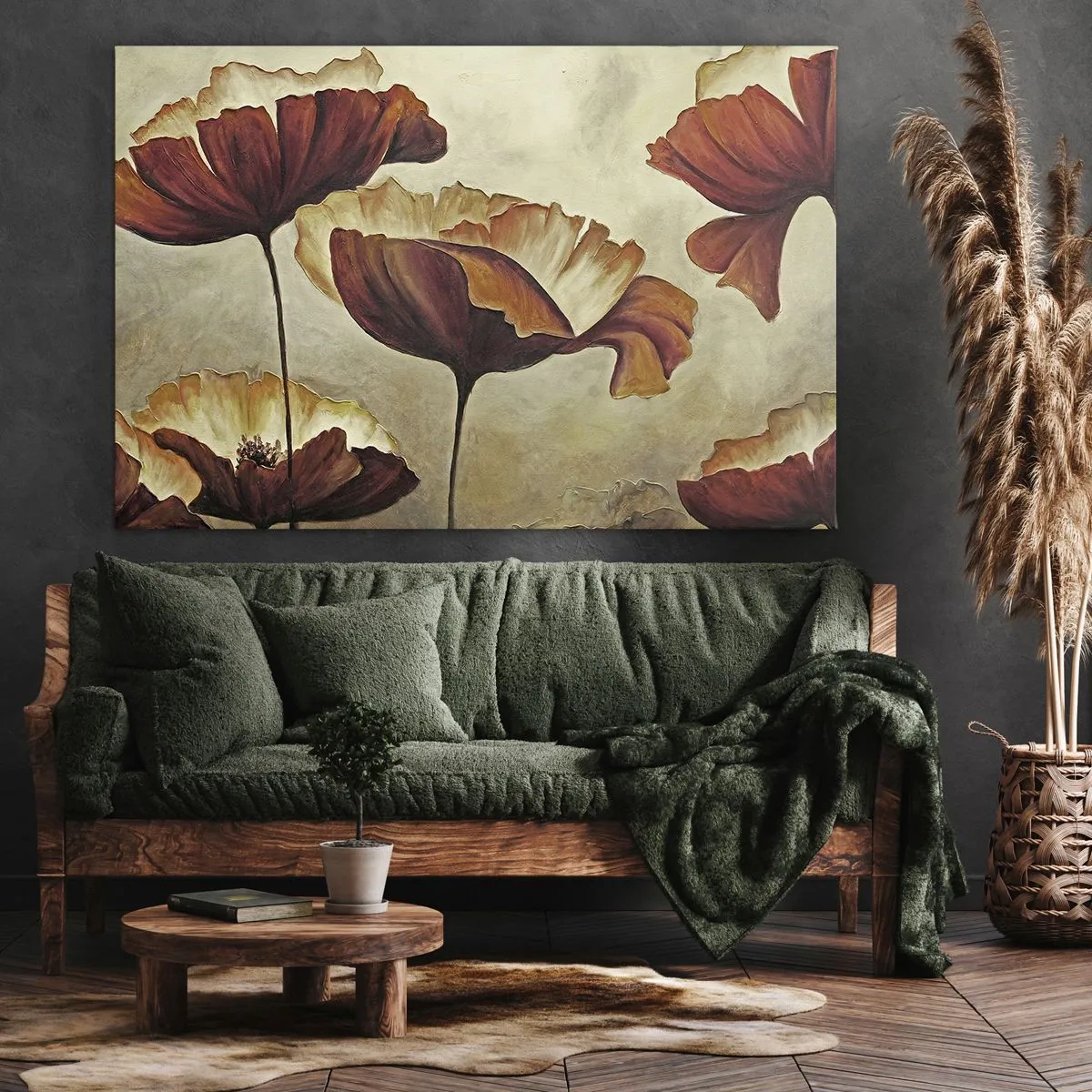 Canvastavla - Bild på duk - Subtila blommor i nyanser av rött och guld mot en ljus bakgrund - 70x50cm - Ängsblommor - Modern väggdekoration för vardagsrum och sovrum ARTTOR