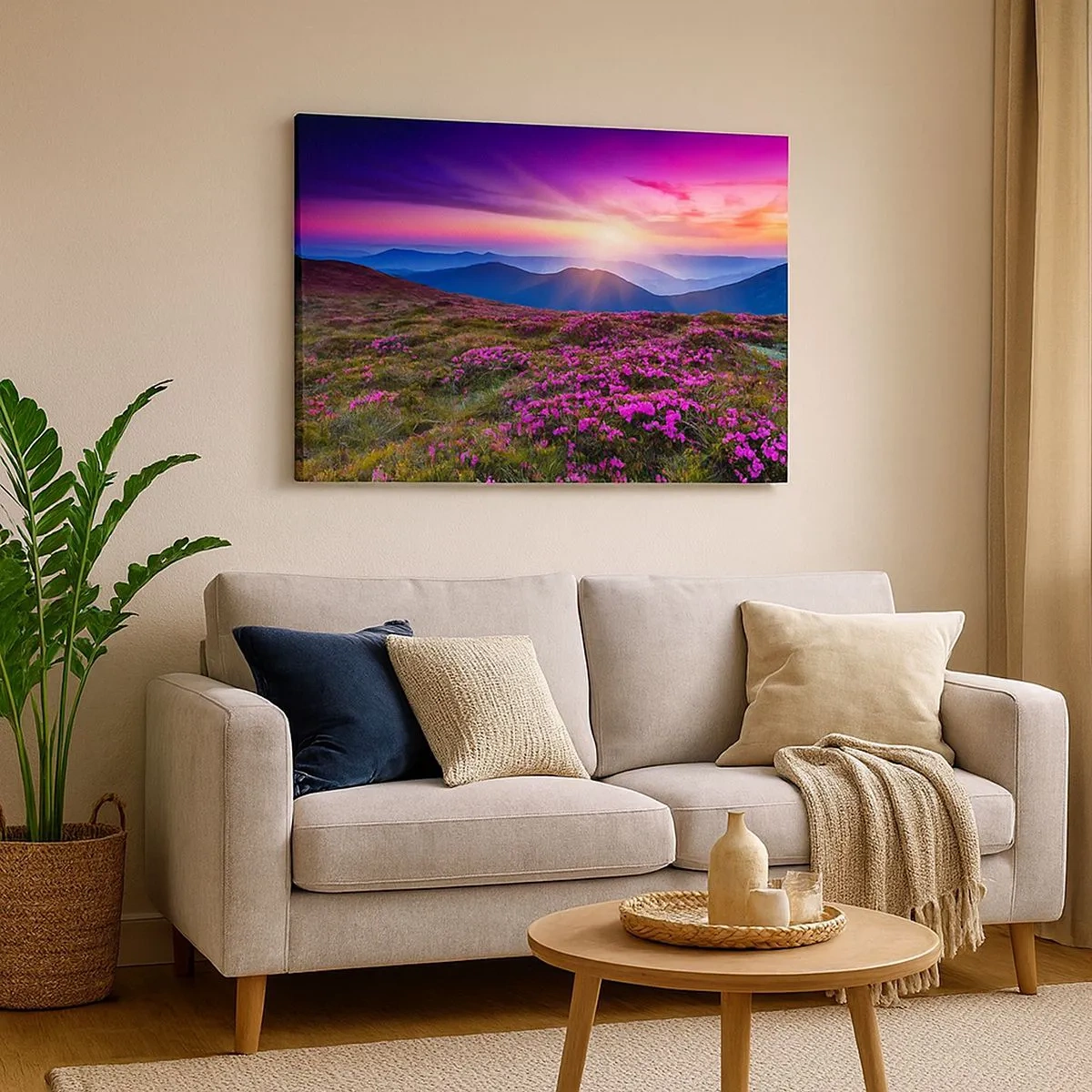 Canvastavla - Bild på duk - Bergäng med blommor vid solnedgången - 70x50cm - Doftande örter - Modern väggdekoration för vardagsrum och sovrum ARTTOR