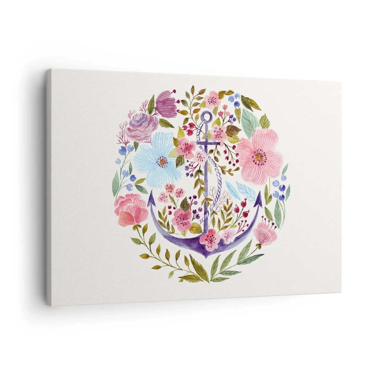 Canvastavla - Bild på duk - Ett ankare omgivet av akvarellblommor mot en ljus bakgrund - 70x50cm - En seglares goda sömn - Modern väggdekoration för vardagsrum och sovrum ARTTOR