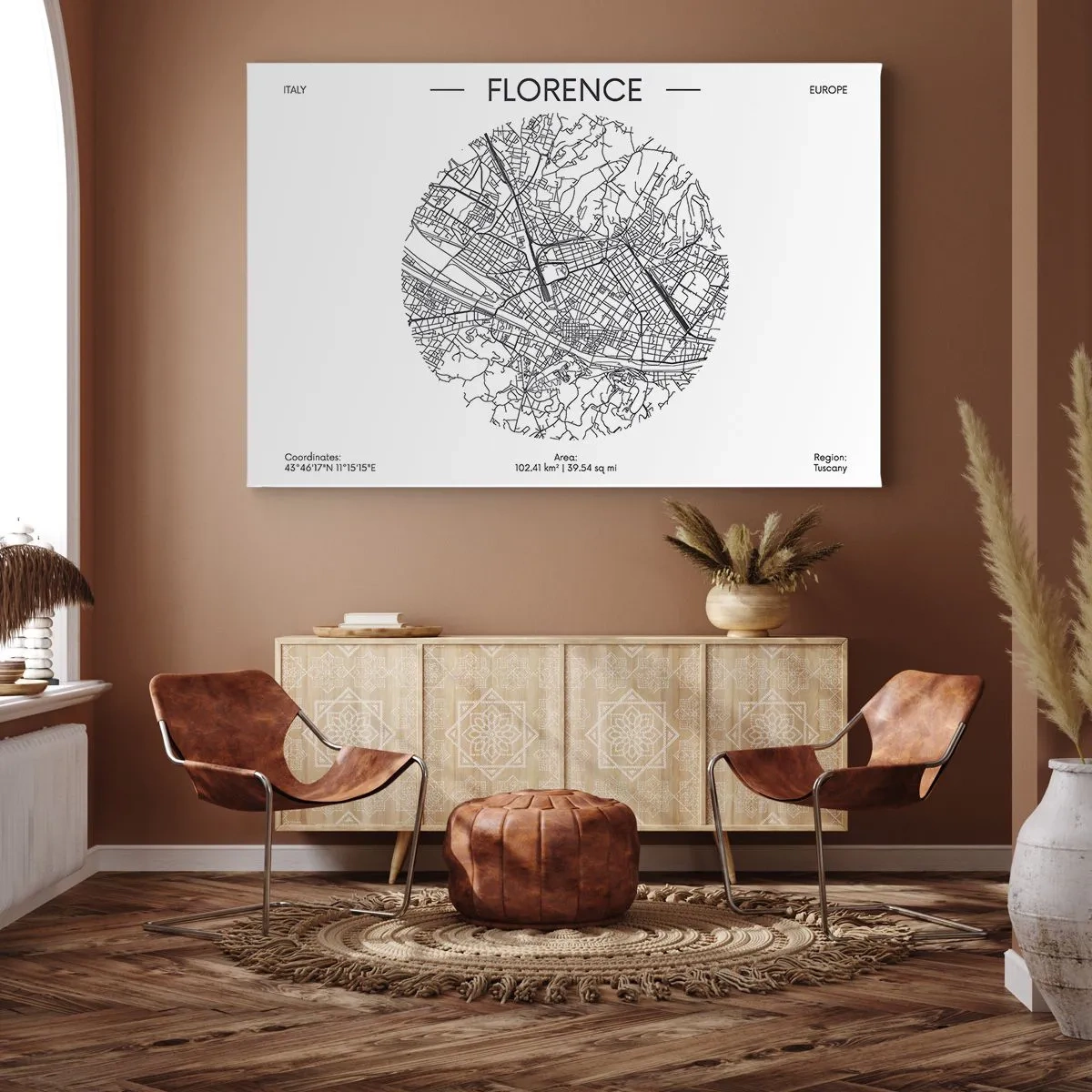 Canvastavla - Bild på duk - En karta över Florens i minimalistisk svartvit stil - 70x50cm - Florens anatomi - Modern väggdekoration för vardagsrum och sovrum ARTTOR