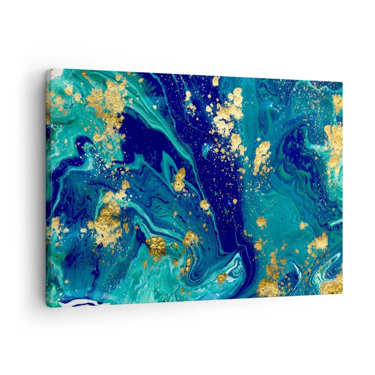 Canvastavla - Bild på duk - En abstrakt komposition med blå, gröna och guldfärgade accenter. - 70x50cm - Solflingor - Modern väggdekoration för vardagsrum och sovrum ARTTOR