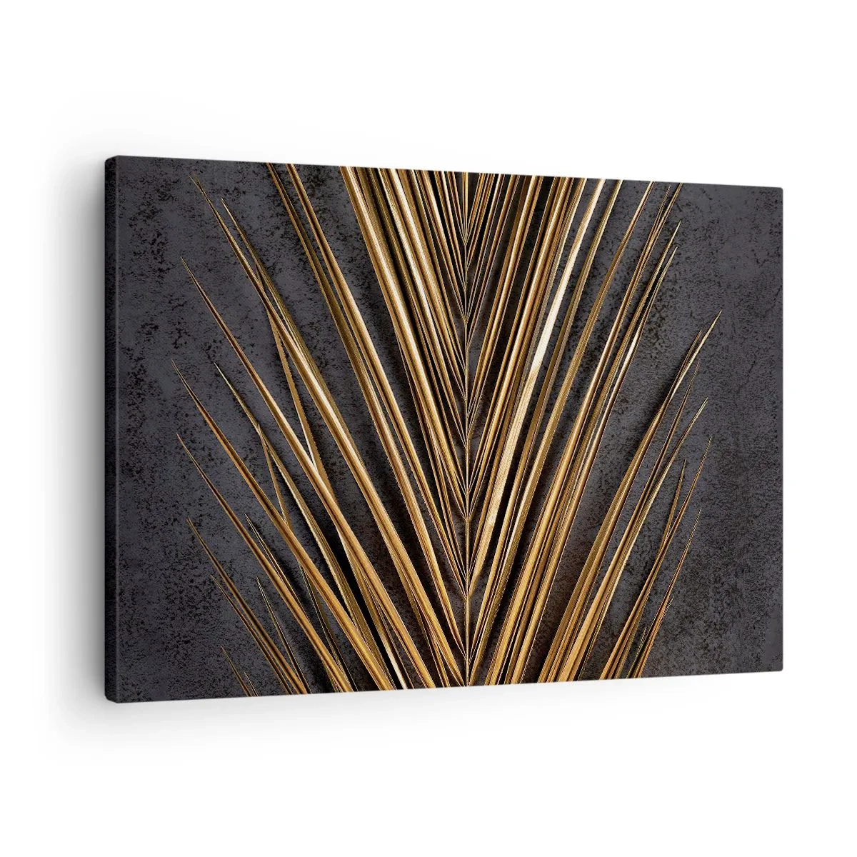 Canvastavla - Bild på duk - Gyllene tropiskt löv på svart bakgrund - 70x50cm - Tropikens guld - Modern väggdekoration för vardagsrum och sovrum ARTTOR
