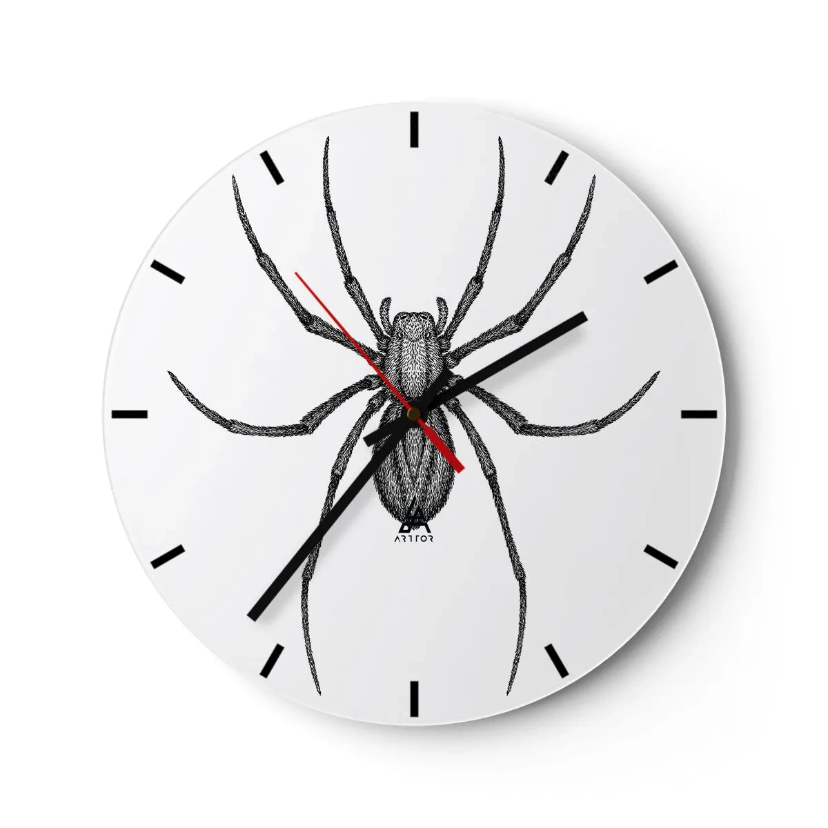 Väggklocka - Klocka på glas - Svartvit illustration av en spindel på vit bakgrund - 30x30cm - Oroväckande precision - Modern väggdekoration för vardagsrum, kök och sovrum ARTTOR