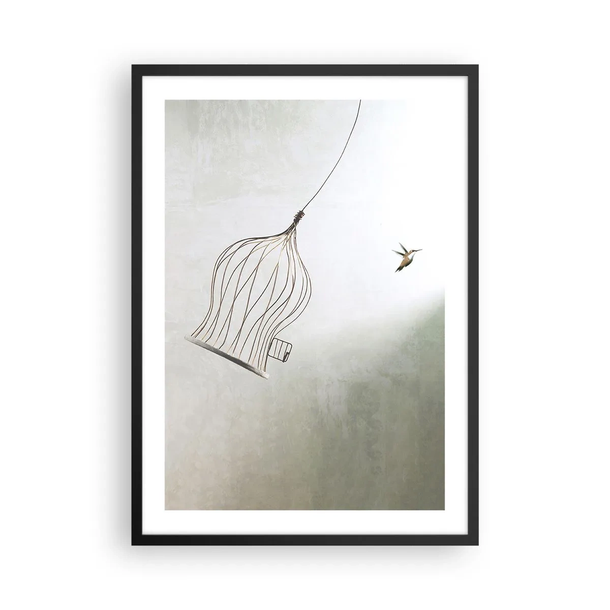 Affisch i svart ram - En fågel lämnar sin bur i minimalistisk stil. - 50x70cm - I sitt esse - Modern väggdekoration för vardagsrum och sovrum ARTTOR