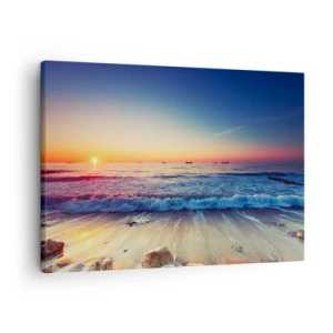 Canvastavla - Bild på duk - Solnedgång över ett lugnt hav med vågor - 70x50cm - Vad finns bortom horisonten? - Modern väggdekoration för vardagsrum och sovrum ARTTOR